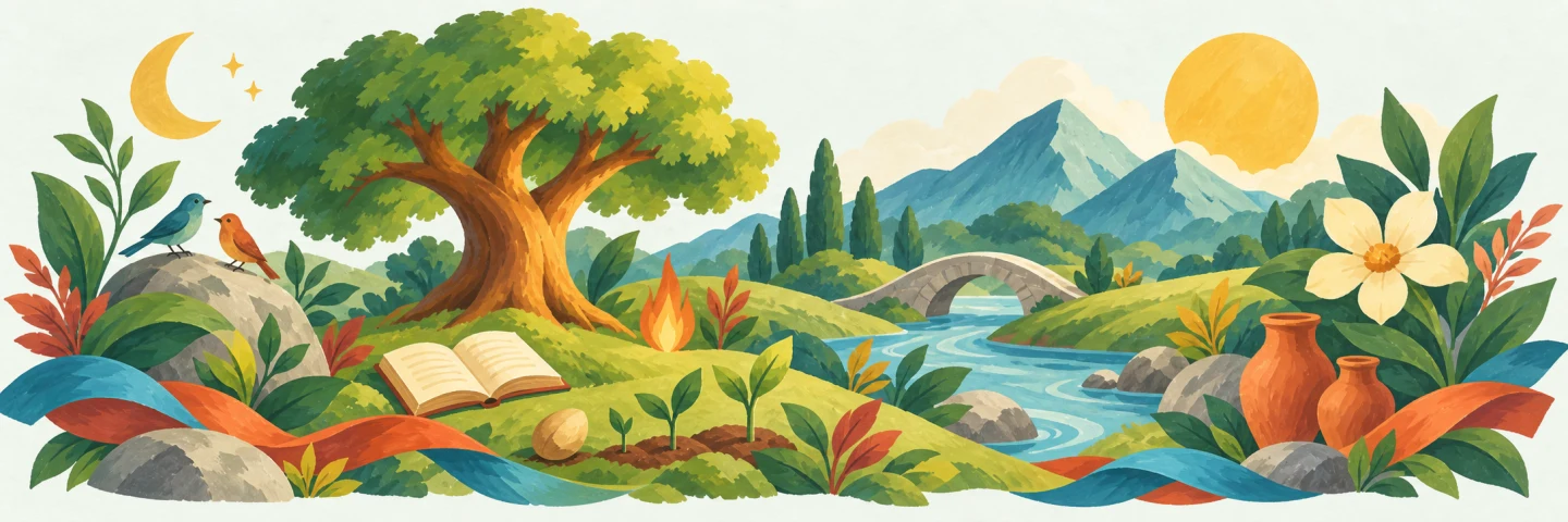 A gouache world of many natures: a tree, mountains, sun and moon, a flowing river and bridge, birds, an open book, seedlings, flowers and clay vessels