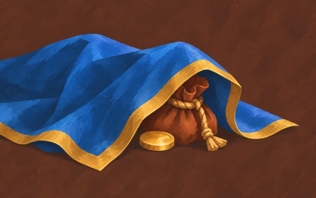 A small money pouch peeks from beneath folded cloth, revealing its mouth and a single token.