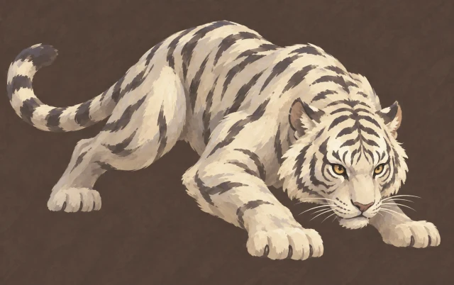A white tiger crouches before a leap, its face and shoulders large and its teeth concealed.