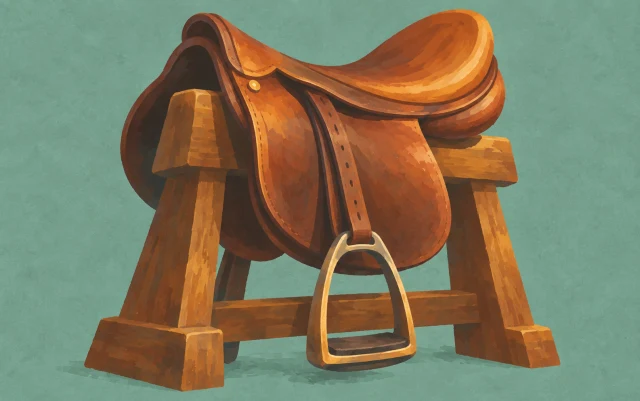 A saddle rests on a stable support, with its side and hanging stirrup seen from a low angle.