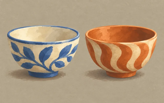 Two equally sized ceramic bowls stand side by side with different patterns and opening angles.