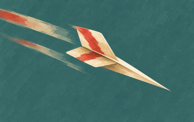 A slender blade-shaped paper dart flies diagonally down to the right with two short trails behind it.