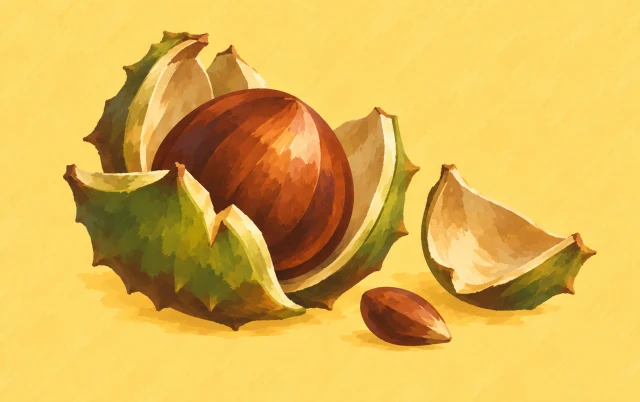 A ripe fruit rests in a newly opened shell, with a small seed placed beside it.