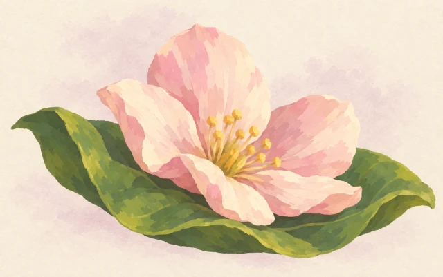 A delicate flower rests low on a folded broad leaf that supports it from beneath.