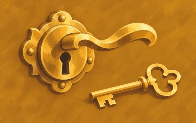 A sturdy gold door lock and a matching key fill the frame in close view.