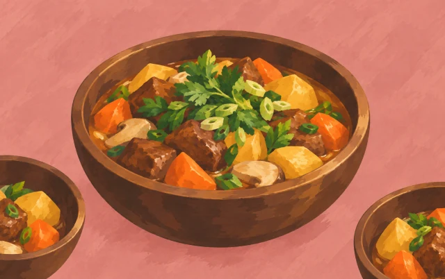 A large serving bowl of food is viewed from above, flanked by two smaller partly cropped bowls.