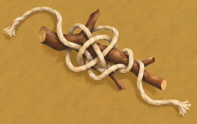 A loose cord tangles around a short twig, with both ends and the caught section visible from above.