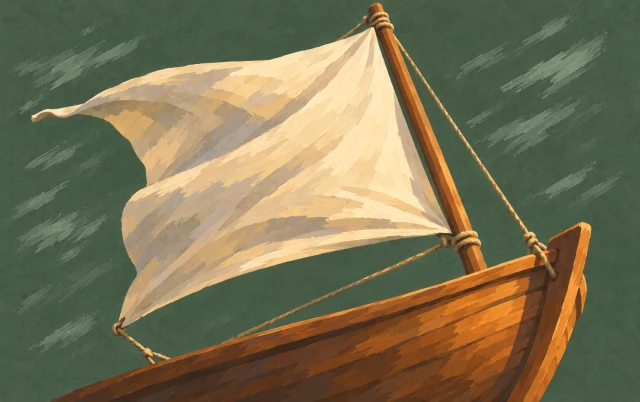 A small sail billows backward against the forward tilt of its mast.