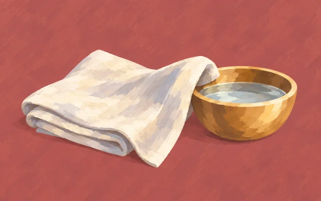 A clean folded care cloth has one corner opened beside the rim of a small water bowl.