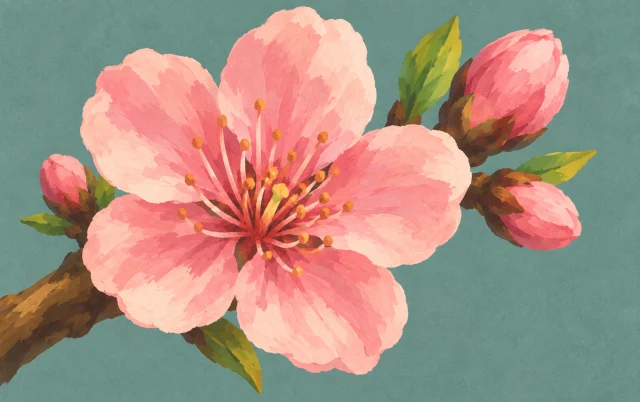 An open peach blossom faces forward with a small closed bud tucked behind it.
