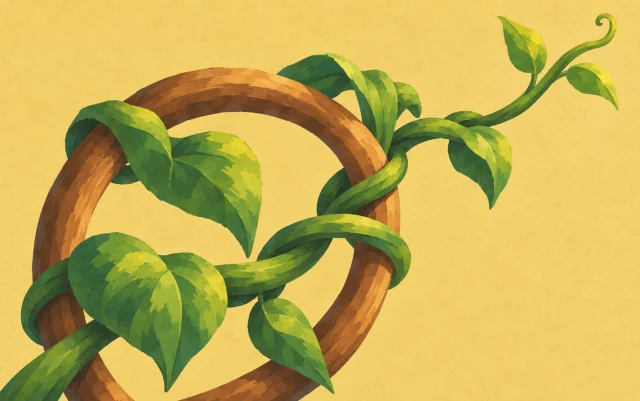 A vine climbs diagonally around a simple support ring, its growing tip reaching beyond the ring.