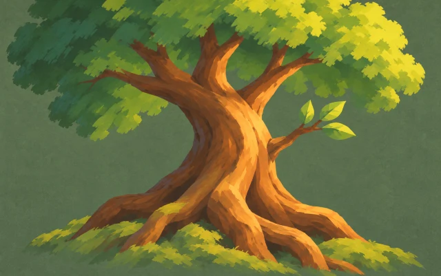 A large tree fills the frame with a thick trunk, exposed roots and gently curving branches.