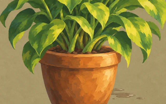 A lush plant sits firmly in a sturdy pot, with the pot and root area emphasized below cropped leaves.