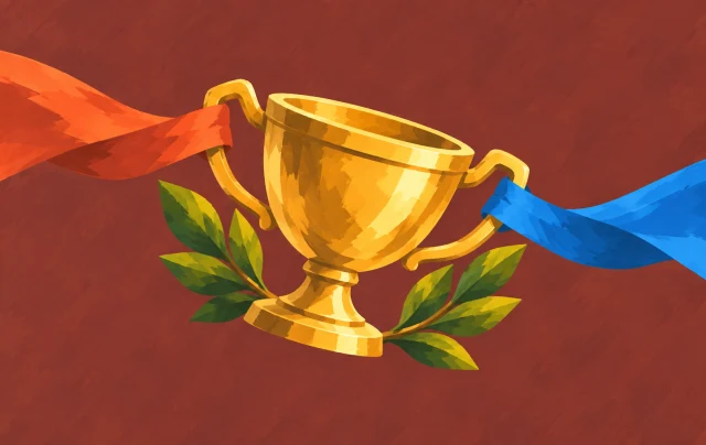 Red and blue ribbons pull opposite handles of a central golden cup, beside a few laurel leaves.