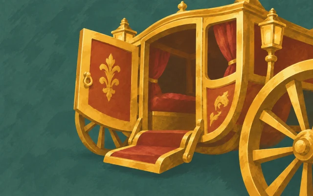 A golden carriage is seen at an angle with its door open, a low step lowered and one wheel cropped.