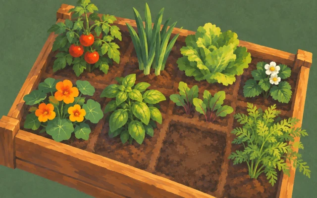 A small garden plot seen from above holds varied plants and a clearly visible patch of empty soil.
