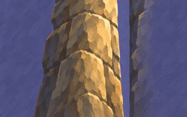 A thick straight stone pillar fills the frame vertically beside a narrow open gap.