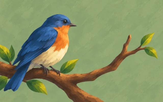 A lone bird sits on a short forked branch, looking toward its empty opposite end.