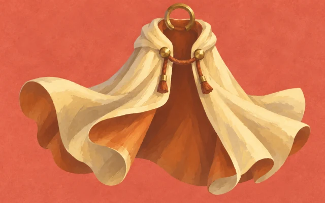 A soft cloak hangs open from a single hook, spreading from its neckline to its folded hem.