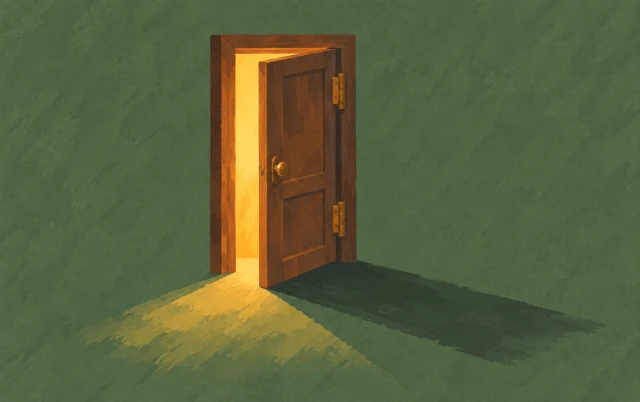 A small half-open door casts a shadow whose tip points in a slightly different direction.