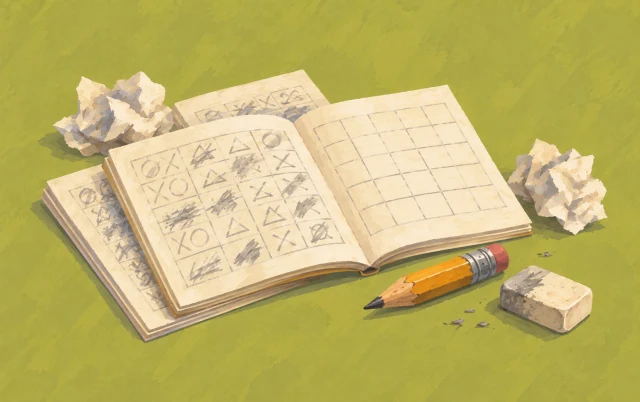 An open practice notebook shows repeated corrections beside a short pencil and an empty next space.