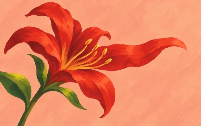 A red flower turns at an angle, extending long petals toward a wide open space.