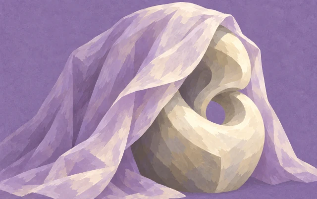 A simple curved abstract sculpture is partly hidden beneath a thin veil lifted at one corner.