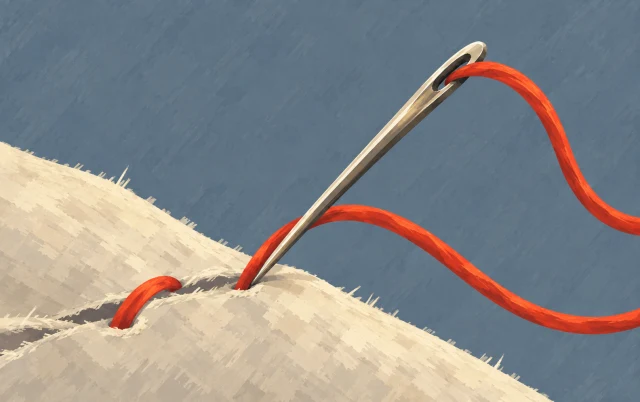 A needle joins a small gap in cloth with two stitches and a loose curved thread.