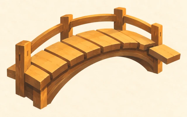 A curved wooden bridge crosses the frame diagonally, with one small missing plank near the middle.