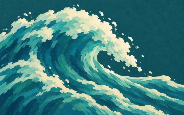 A thick curved wave fills the lower edge and flows toward open space on the right.