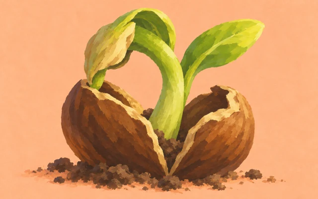 A new sprout opens a split seed shell, its leaves still partly curled in a close side view.