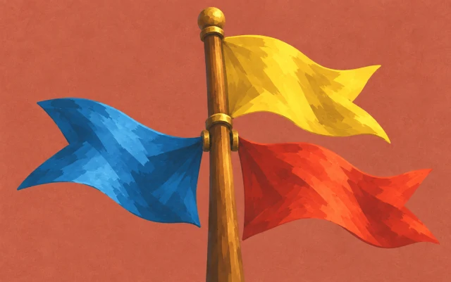 Three short signal flags spread in different directions from a shared central pole.