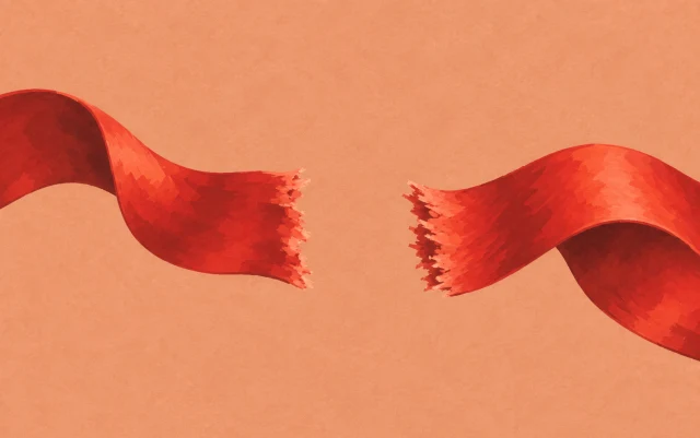 Two broken ends of one ribbon lie apart horizontally, separated by a gap wider than the ribbon.