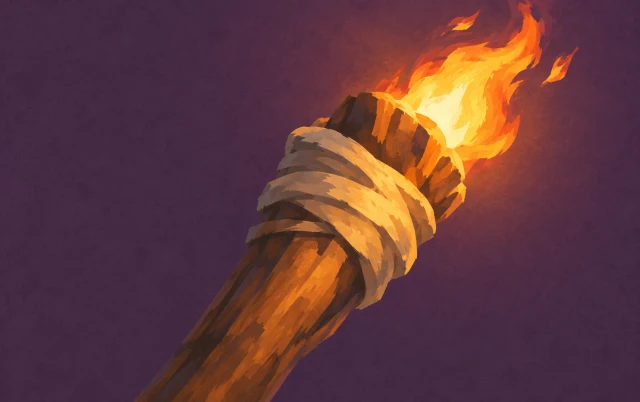 A small flame crowns a torch leaning right, with its handle extending beyond the lower edge.