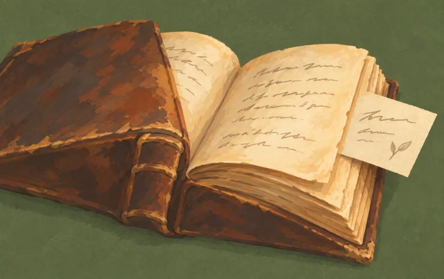 A fresh note protrudes from the open pages of an old book with a worn spine.