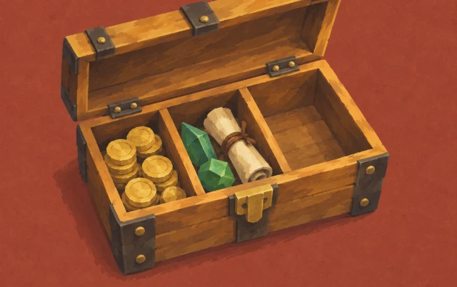 An open divided chest seen from above has neatly filled compartments and one empty section.
