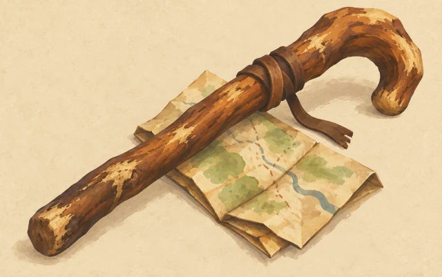 A worn walking stick crosses a small folded map, revealing marks of use along its surface.