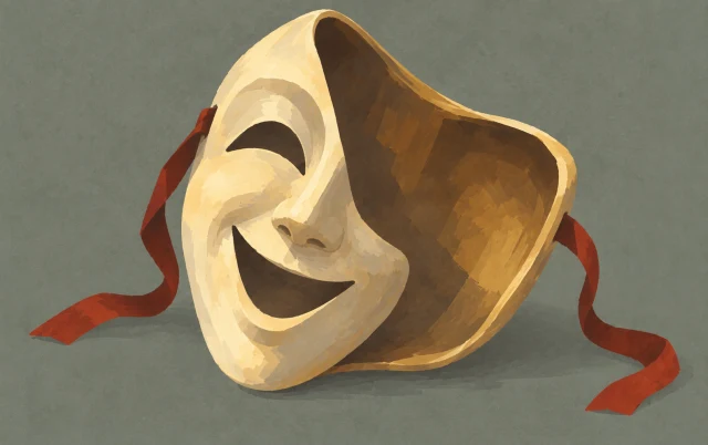 A tilted theater mask reveals half its expression and the empty hollow on its reverse side.