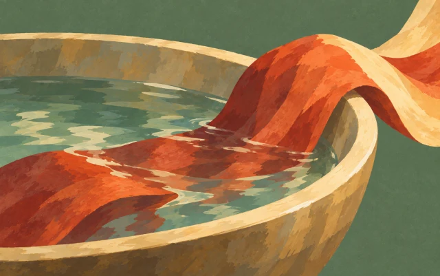 A broad cloth ribbon lies half submerged in a shallow bowl, with its dry end crossing the rim.