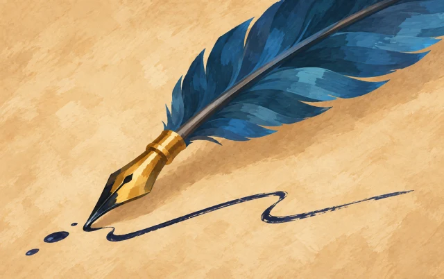 An inked quill lies diagonally beside the short lines it has left on a sheet of paper.