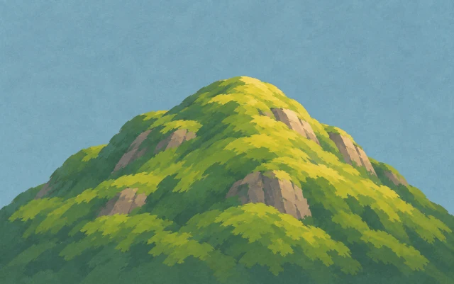 A single rounded mountain with a broad base sits low beneath a wide open space.
