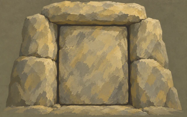A closed stone door fills the entrance of a small chamber, with the surrounding seams visible.