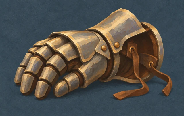 An unworn protective gauntlet lies on its side with its open cuff, armor plates and loose ties visible.