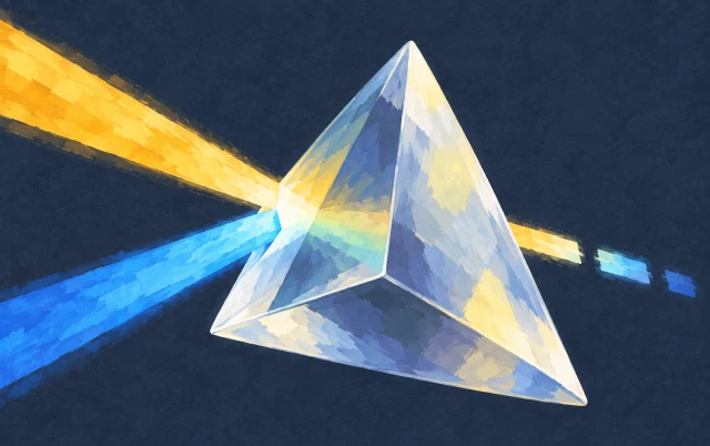 A tilted prism brings two colored lines together, with short broken lines beyond their meeting point.