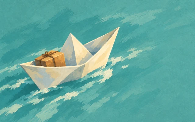 A paper boat carries a small parcel diagonally toward a broad open space ahead.