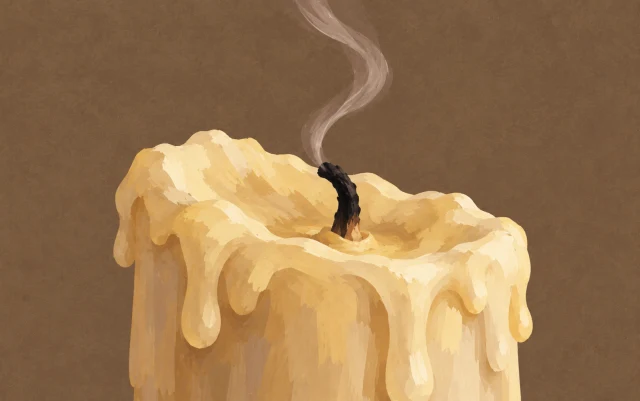 A short extinguished candle shows melted wax and a black wick beneath one thin trail of smoke.