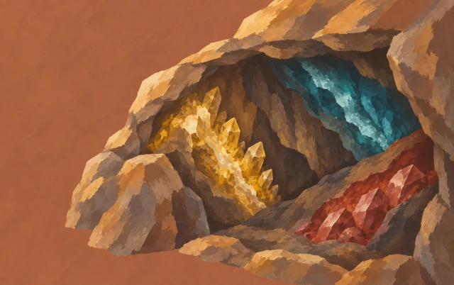 A close section of a shallow cave reveals three mineral veins along its edge and inner layers.