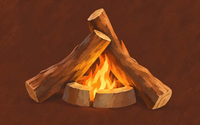 Three pieces of firewood lean together in a small hearth, each supporting a different direction.