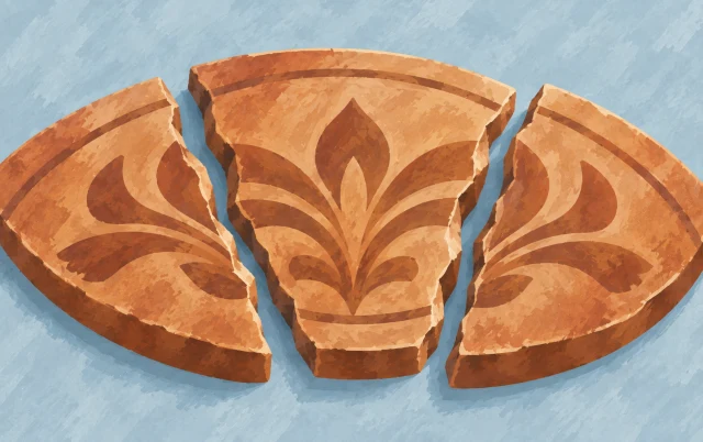 A broad clay slab splits into three pieces, with one shared pattern continuing across the gaps.