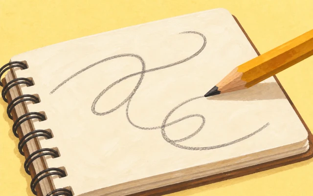An open sketchbook and pencil frame loose unfinished curves across an otherwise empty page.